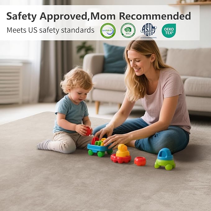 Baby Play Mat for Floor,1.3" Thick Elasti-Foam 50"×50" Playpen Mat for Tummy Time,Water Repellent Soft Coral Velvet for Toddler,Infant,Kids,Non-Slip Backing Safe for Crawling(Beige)