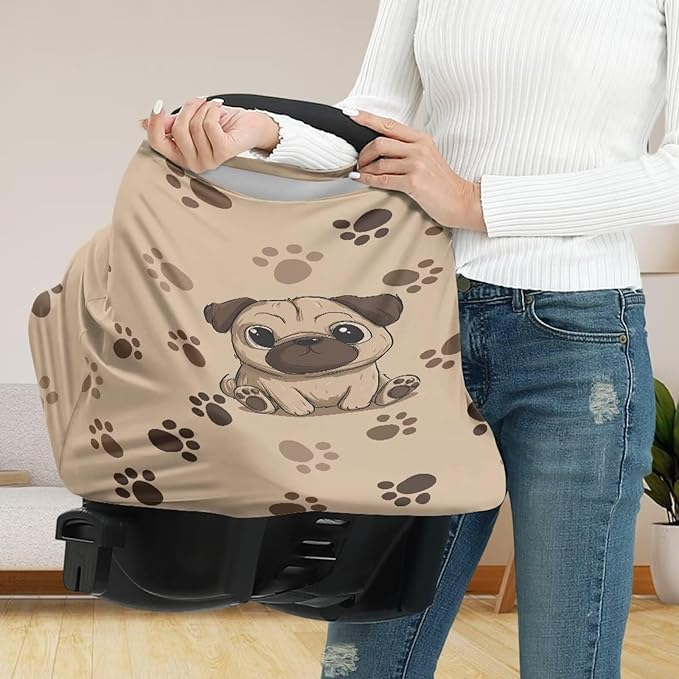 Binienty Brown Dog Paw Prints Infant Carseat Canopy for Boys Girls - Pug Animal Stretchy Breathable Soft Infants Stroller Cover Cozy Car Seat Covers