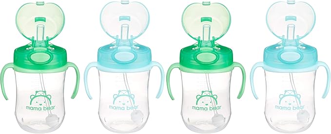 Amazon Brand - Mama Bear Silicone Weighted Straw Sippy Cup, 9 Ounces, Pack of 4, Blue/Green
