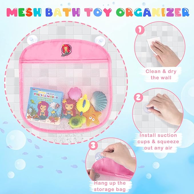 Light Up Bath Toys for Toddlers Kids Girls Baby, No Hole Glow Bath Toys with Bath Book & Organizer, Led Light Bath Time Water Toys for Bath Tubs Bathrooms Pool, Gift for Toddlers Girls Infants