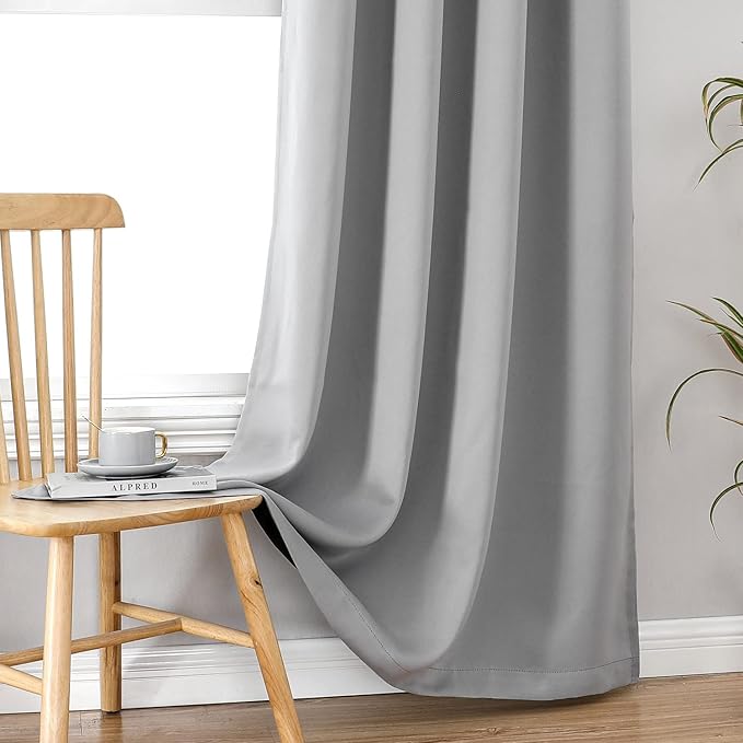 ChrisDowa 100% Blackout Curtains 90 inch Long for Bedroom with Black Liner, 2 Thick Layers Total Blackout Thermal Insulated Grommet Long Window Curtains 2 Panels Set (Light Grey, 52 x 90 Inch)