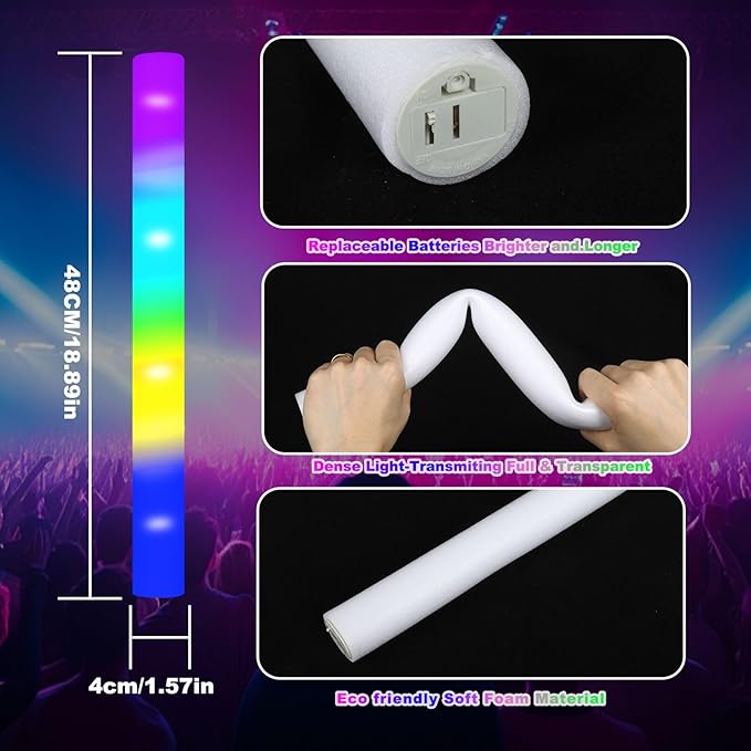 24-Count Foam Glow Sticks Party Pack - 5 Colors, Steady Bright LED Light Up Sticks for Weddings, Birthdays, Christmas, Halloween | Foam Glow Sticks Bulk Reusable, 6-Hr Glow