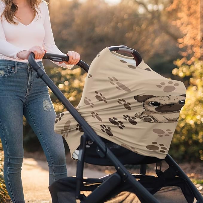 Binienty Brown Dog Paw Prints Infant Carseat Canopy for Boys Girls - Pug Animal Stretchy Breathable Soft Infants Stroller Cover Cozy Car Seat Covers