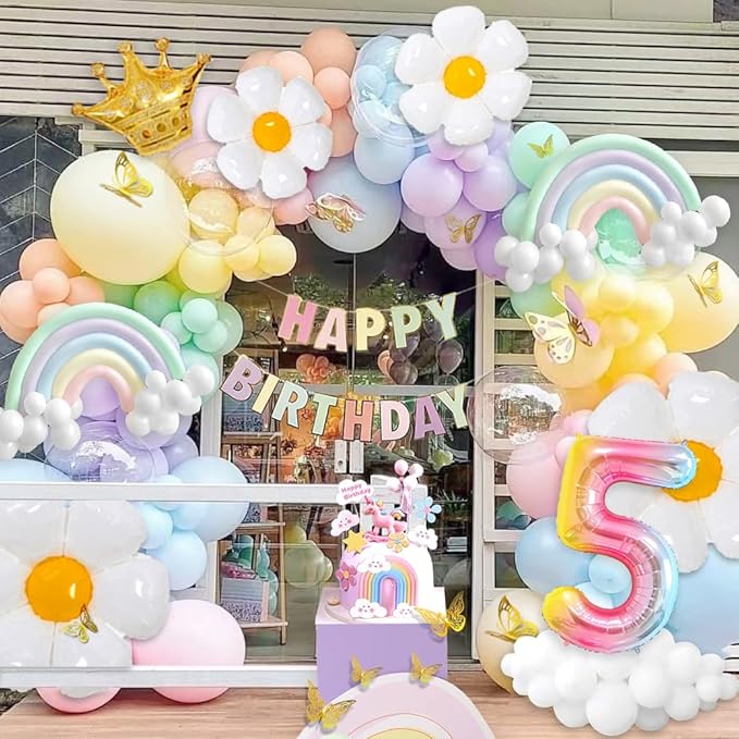 5th Birthday Decorations Girl, Slmeno Daisy Pastel Balloon Arch Kit 219Pcs, 5 Year Old Girl Pastel Rainbow Party Decorations, with Happy Birthday Banner, Cake Toppers, Gold Butterfly Decoration