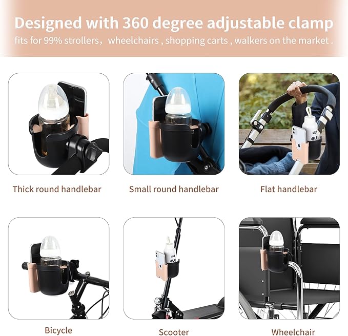 Accmor Stroller Cup Holder with Phone Holder, Bike Cup Holder, Universal Cup Holder for Uppababy Nuna Doona Strollers, 2-in-1 Cup Phone Holder for Stroller, Bike, Wheelchair, Walker, Scooter