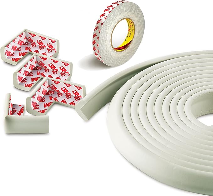 Furniture Edge and Corner Guards | 20.4ft Protective Foam Cushion | 18ft Bumper 8 Adhesive Childsafe Corners | Baby Child Proofing Set NonToxic and Safe for Table, Fireplace, Countertop | White