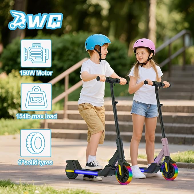 Electric Scooter for Kids Ages 6-12， Max Speed 6.5MPH, max Range 6Miles， with Acceleration Throttle and Electronic Brake， Foldable and Height Adjustable Kids Electric Scooter