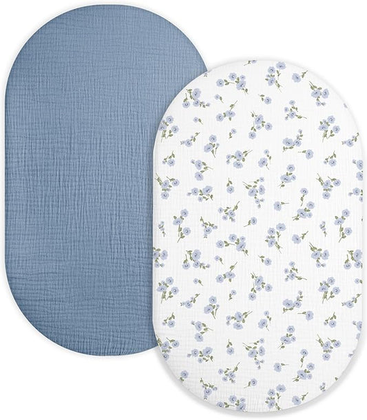 Bassinet Sheet for Baby Boy and Girl 2 Pack, Fitted Sheets for Rectangle, Oval, Hourglass Bassinet Mattress, Muslin Moses Basket Sheets with Neutral Style (Bluebell Bloom & Light Blue)