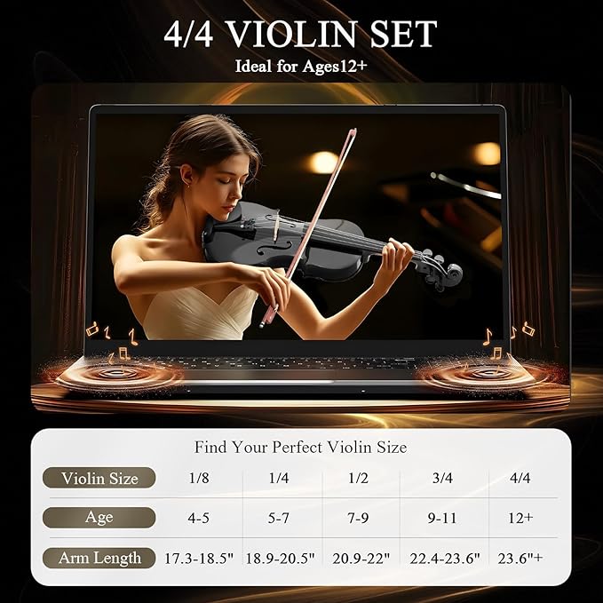 Beginner Violin 4/4, Full Size Violin for Adults, Teens, Student, Acoustic Fiddle Kit with Hard Case, Bow, Rosin, Bridge, Learners Age 12+ (Black)