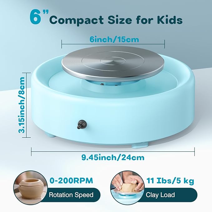 Alldeer Mini Pottery Wheel Machine - 6" Upgraded Clay Wheel for Beginners & Kids, 75W Motor, Adjustable Speed, Low Noise Ceramic Making Kit with 18PCS Sculpting Tools, Ideal for Home DIY