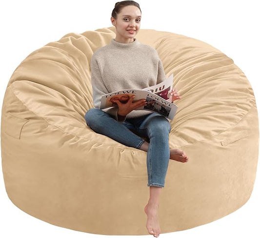 3FT Bean Bag Chair, Comfy Bean Bag Chairs with Memory Foam Filled, Fluffy Beanbag Sofa with Dutch Velvet Cover, Round BeanBag Chairs for Living Room, Playroom - Khaki