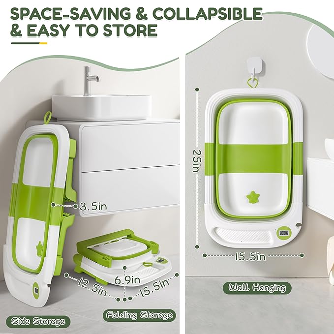 Collapsible Baby Bathtub,Baby Bath Tub with Thermometer & Soft Cushion,Baby Bathtub for Newborn to Toddler 0-36 Months,Portable Travel Baby Tub with No-Slip Feet,Baby Shower Gifts,Green