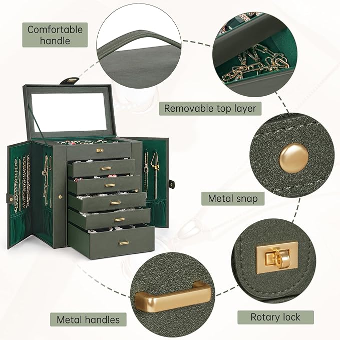 AKOZLIN Huge Jewelry Box Organizer Functional Large Leather Jewelry Storage Case for Women Girls Ring Necklace Earring Bracelet Holder Organizer with Mirror