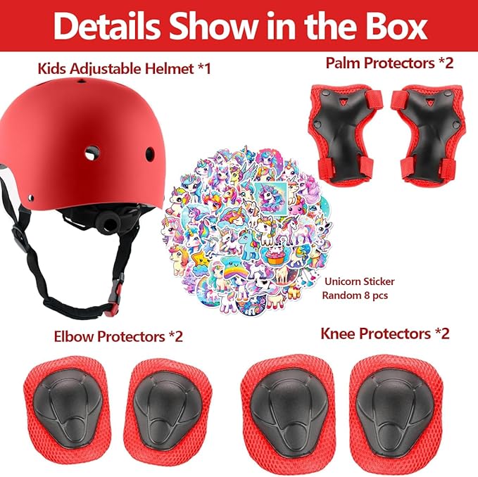 Kids Bike Helmet with Knee Elbow Wrist Pads Guards,Pink,for Ages 2-3-5-8-14,Sports Bicycle,Skate Scooter,Rollerblading with Unicorn Sticker