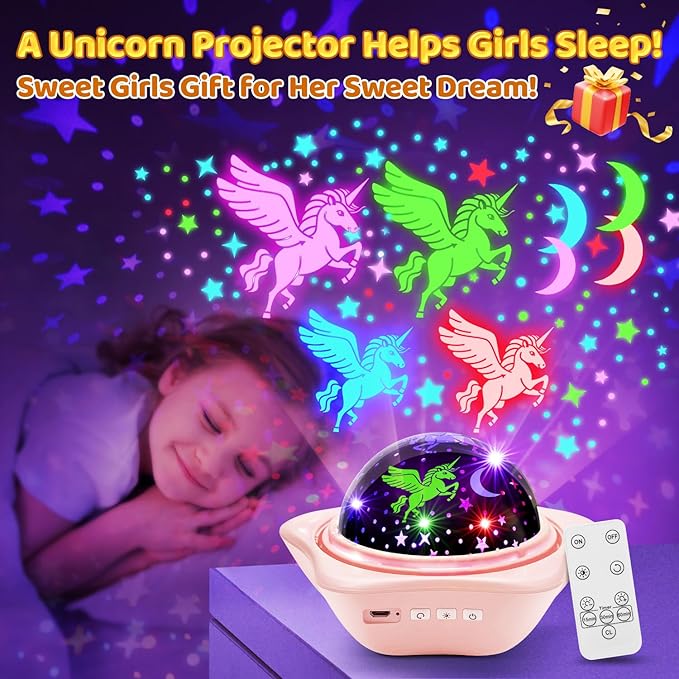 Girls Toys, 【6 Slides+96 Projections】Unicorn Night Light Projector,【Unicorn+Mermaid+Princess】Girls Toys 0-14,Star&Moon Projector for 3 Year Old Girl Gifts, Birthday Gifts,Juguetes para Niñas,Baby Gift