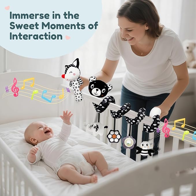 Car Seat Toys for Babies 0-6 Months,Hanging Rattle Toys for Crib Mobile, Baby Spiral Hanging Stroller Black and White High Contrast Toys for Newborn 0 3 6 9 12 Months Baby Boys Girls (Set-2)