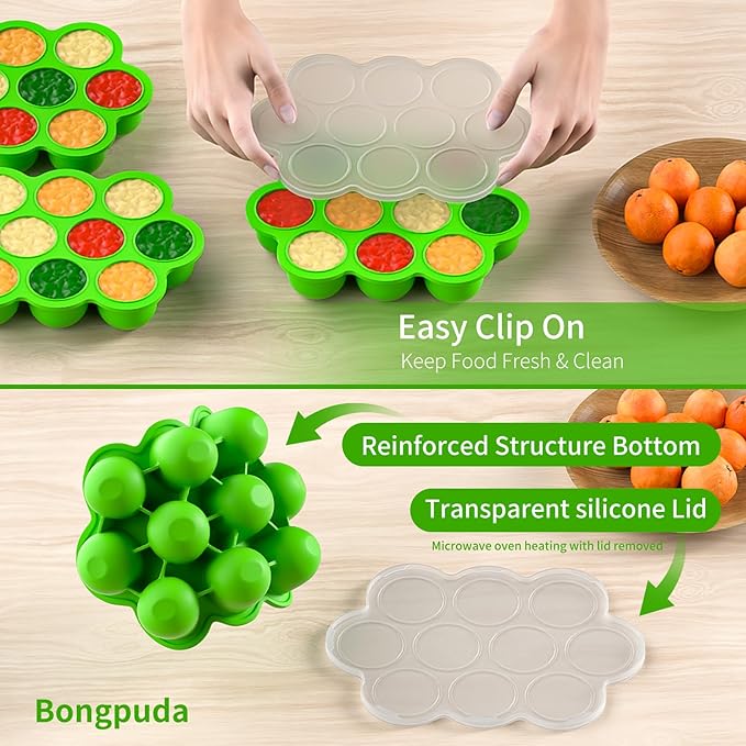 10 Cavities 2 OZ Portions Silicone Baby Food Freezer Tray with Lid,Ice Cube Trays & Molds,Baby Popsicle Mold,Egg Bite Molds,for Freezing and Baking Breast Milk,ice Cube,Egg Bites (Green)