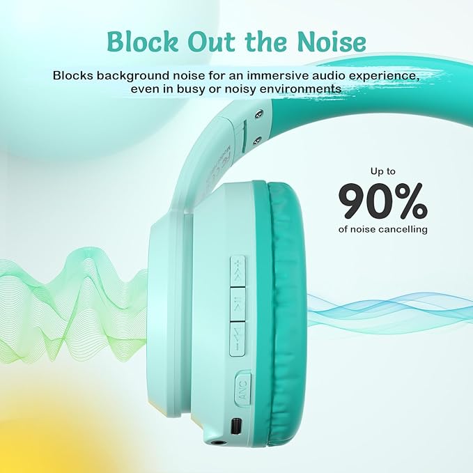 Active Noise Cancelling Headphones for Kids, 60H Playtime, Wireless Bluetooth Over-Ear Headset Built-in Microphone for Home/School/Travel/Party - Includes Portable Case