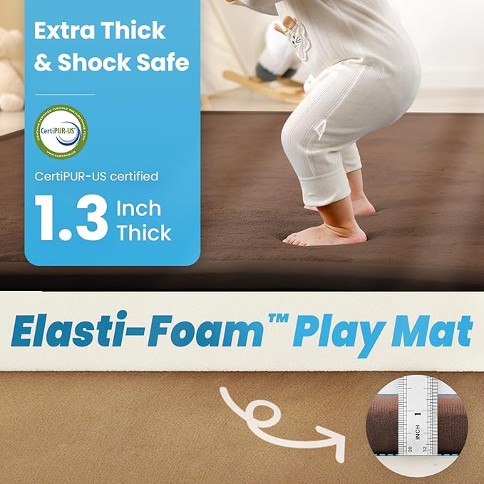 1.3" Thick Baby Play Mat for Floor Playpen, 50x50 Foam Tummy Time Mat, Padded Support Soft Plush Nursery Rug for Infant Kids Toddler Crawling Kick Activity (Chocolate Brown)
