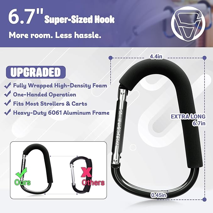 sprookber 6.7 Inch Large Stroller Hooks for Diaper Bags & Purses, Heavy Duty Mommy Hooks for Shopping, Grocery, Backpack – Baby Stroller Accessories, Set of 2 (Black)