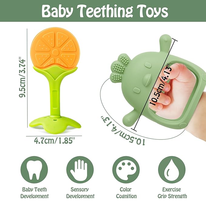 Baby Teething Toys for 0-6 6-12 Months (5 Pack) - Tinabless Food Grade Silicone Teething Mitten&Teething Relief Toys Set, BPA-Free, Freezer Safe for Infants and Toddlers, Silicone Baby Teethers(Green)
