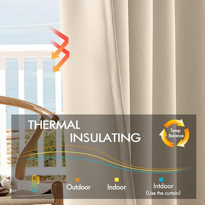 ANRODUO Back Tab Blackout Curtains for Bedroom Living Room, Rod Pocket Pinch Pleated Thermal Insulated Room Darkening Curtains 102 Inches Long 2 Panels, Cream Beige, 52 x 102 Inch