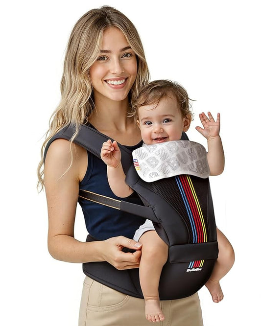 Baby Carrier with Hip Seat, BeBeBus 2-in-1 Ergonomic Newborn to Toddler Carrier up to 44 lbs, Detachable Hands-Free for Infant, All Season Forward-Facing Carry, Fits Waist Sizes up to 38 inch (Black)