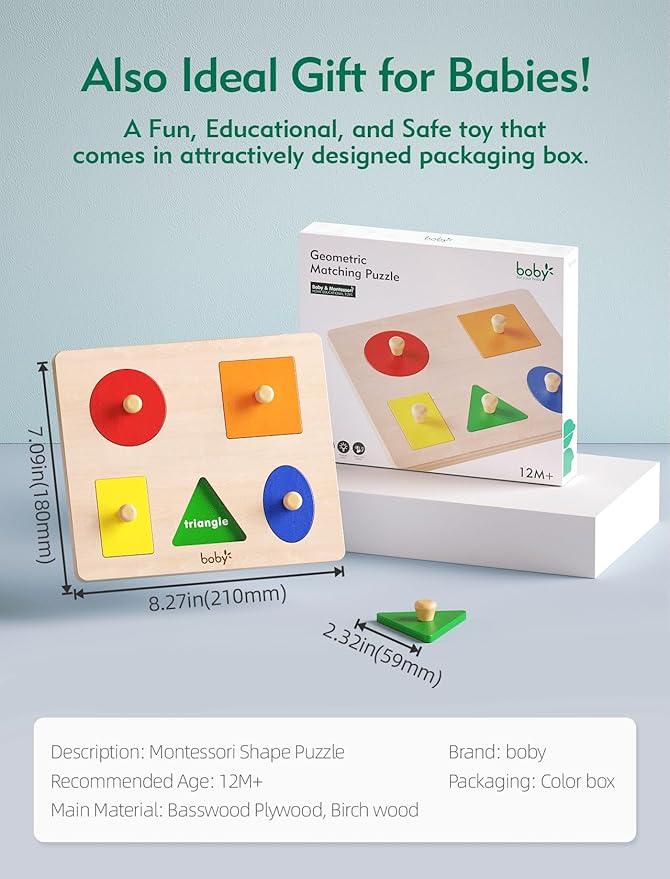 Boby Montessori Wooden Puzzle Board Knob Wooden Puzzle Geometric Shape Puzzle Early Education Material Sensorial Toy for Toddler Shape & Color Sorter (5 Geometry Shape)