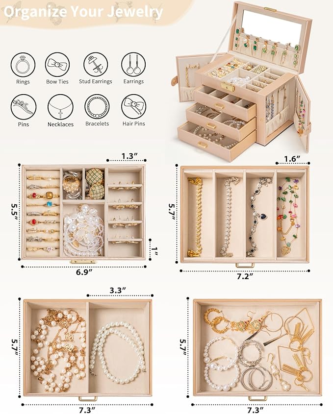 AKOZLIN Large 4-Tier Jewelry Box Leather Jewelry Storage Organizer with 3 Drawers Lockable for Women Girls Ring Necklace Earring Bracelet Watches Holder with Mirror Champagne
