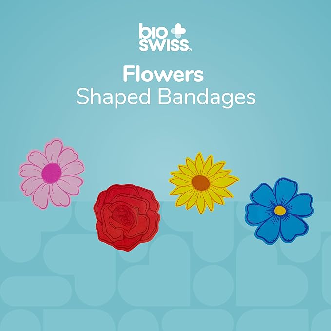 BioSwiss Bandages, Flowers Shaped Self Adhesive Bandage, Latex Free Sterile Wound Care, Fun First Aid Kit Supplies for Kids and Adults, 50 Count