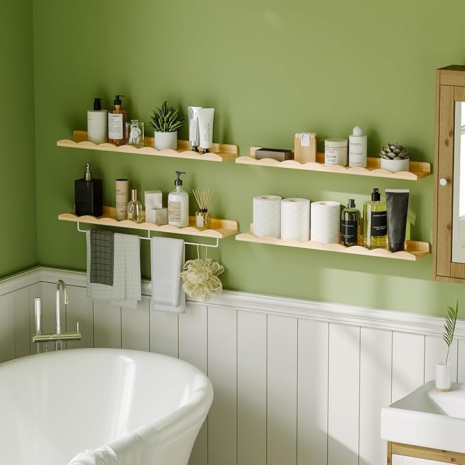 Fixwal Nursery Shelves, 24 Inch Floating Bookshelves for Wall Set of 4, Scalloped Wall Book Shelves with Towel Rack for Kids, Toddler Room, Baby Room, Nursery Decor and Storage(Natural Wood)