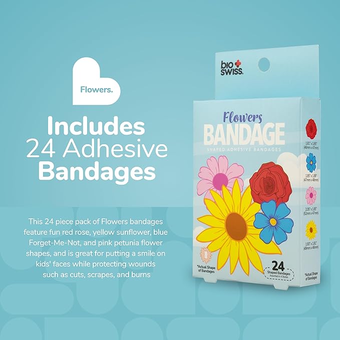 BioSwiss Bandages, Flowers Shaped Self Adhesive Bandage, Latex Free Sterile Wound Care, Fun First Aid Kit Supplies for Kids and Adults, 24 Count