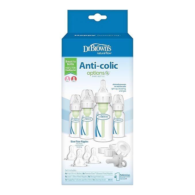Dr. Brown's Anti-Colic Breast to Bottle Feeding Set with Slow Flow Nipples, Travel Caps, and Silicone Pacifier - Gray