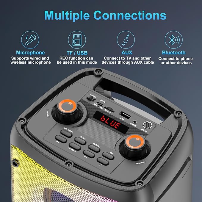 Bluetooth Speaker, 80W Peak Wireless TWS Portable Outdoor Party Speakers with Subwoofer, Deep Bass, LED Colorful Lights, Loud Stereo Sound Boombox with Radio for Home, Camping, Travel