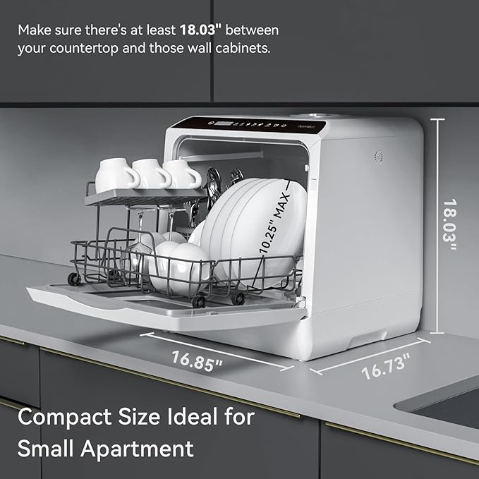 Hermitlux Countertop Dishwasher, 5 Washing Programs Portable Dishwasher With 5-Liter Built-in Water Tank For Glass Door