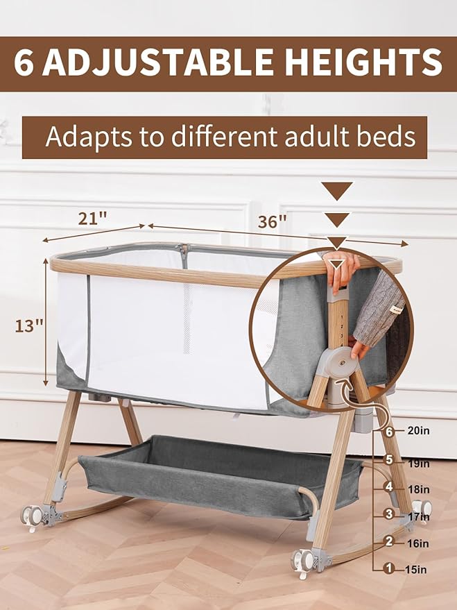 Baby Bassinet Bedside Sleeper - 3 in 1 Bassinets with Waterproof Sheets, Soft Mattress and Breathable Mesh, Adjustable Height Bedside Bassinet for Baby with Wheels, Storage Basket, Gray