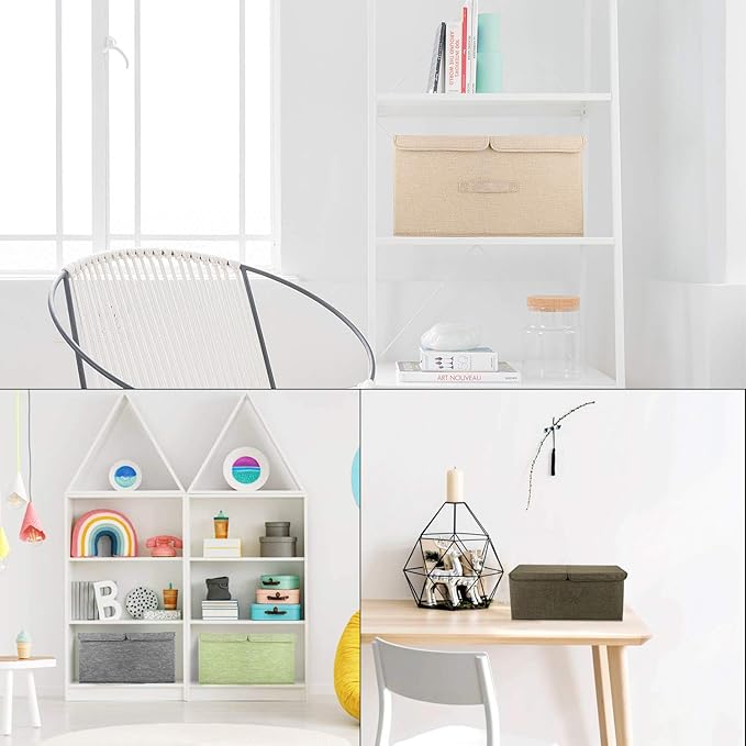 2 Pack Large Storage Boxes with Lids and Handles, Collapsible Linen Storage Bins Organizer Containers Baskets Cube with Removable Divider for Home Bedroom Closet Office (Khaki, Large)