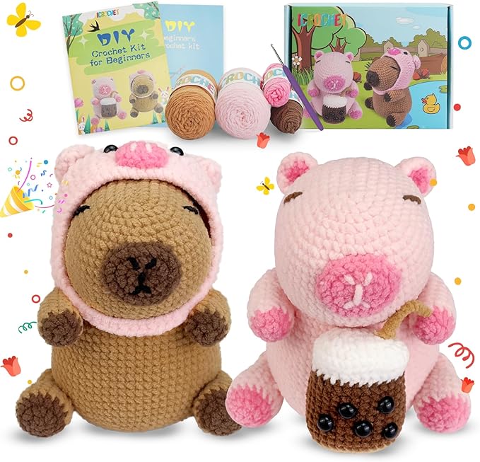 Crochet Kit for Beginners,Beginner Crocheting Animals Kits w Step-by-Step Video Tutorials, Knitting Starter Pack for Adults and Kids,2 Pack Capybara
