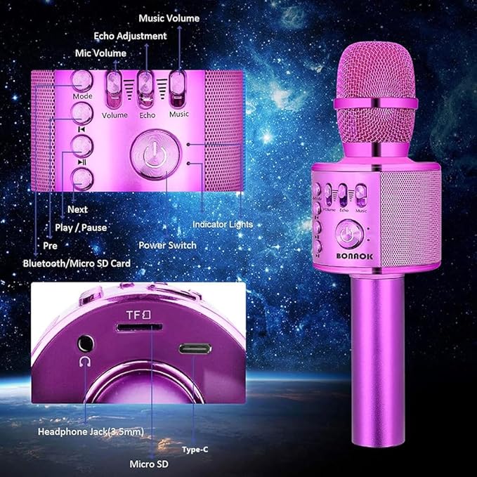 BONAOK Wireless Bluetooth Karaoke Microphone,3-in-1 Portable Handheld Karaoke Mic Speaker Machine Birthday Home Party for PC or All Smartphone (Q37 Purple)