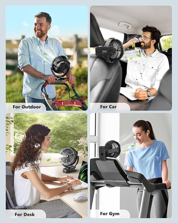 Ausic 3-in-1 Portable Clip on Fan with Misting & LED Lights & Hook, 100ML Baby Stroller Fan, 5200mAh Rechargeable Battery Operated & 360° Rotation & 3 Speeds for Table Outdoor Travel Camp Golf Cart