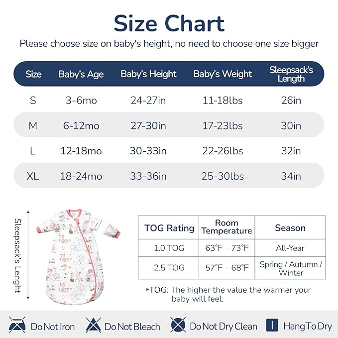 Baby Sleep Sack 12-18 Months, Cotton Detachable Long Sleeve Sleep Sack, 2.5 Tog Toddler Sleeping Sack with Temperature Strips, 2-Way Zipper Wearable Blankets for Newborns, Bunny