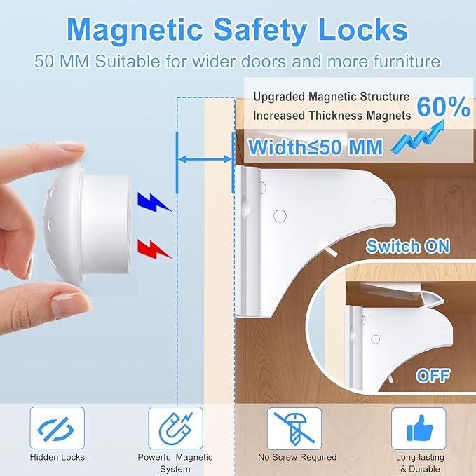 Child Safety Magnetic Cabinet Locks, AOSITE 10 Pack+2 Keys Baby Proofing Magnetic Drawer Locks for Kitchen with Adhesive No Drilling or Screws Fixed, Baby Safety Cabinet Locks
