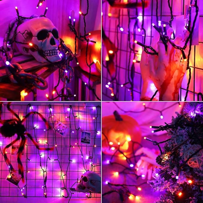 Brizled Orange & Purple Halloween Lights, 33ft 100 LED Halloween Lights 5mm Wide Angle String Light, 120V UL Certified Connectable Mini Purple Light Outdoor for Party Home Tree Decoration, Black Wire