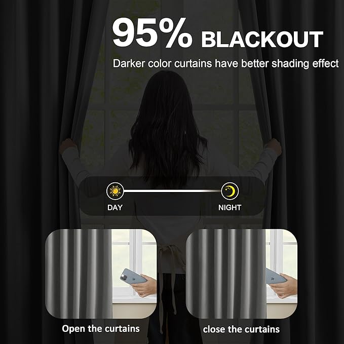 Grey Blackout Curtains 95 Inches Long 2 Panels Set, 60 Inch Wide Pinch Pleated Curtain with Hooks,Thermal Insulated Room Darkening Vertical Window Treatments for Living Room Bedroom 60 x 95