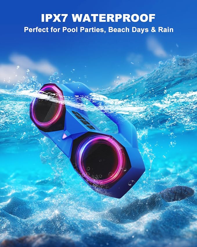Bluetooth Speaker 80W(Peak)Loud with Bass, 20H Playtime, IPX7 Waterproof, RGB Lights, TWS, Large Portable Wireless Speakers for Outdoor, Home, Party, Pool, Beach, Tailgating, Gym, Work, Gifts (Blue)