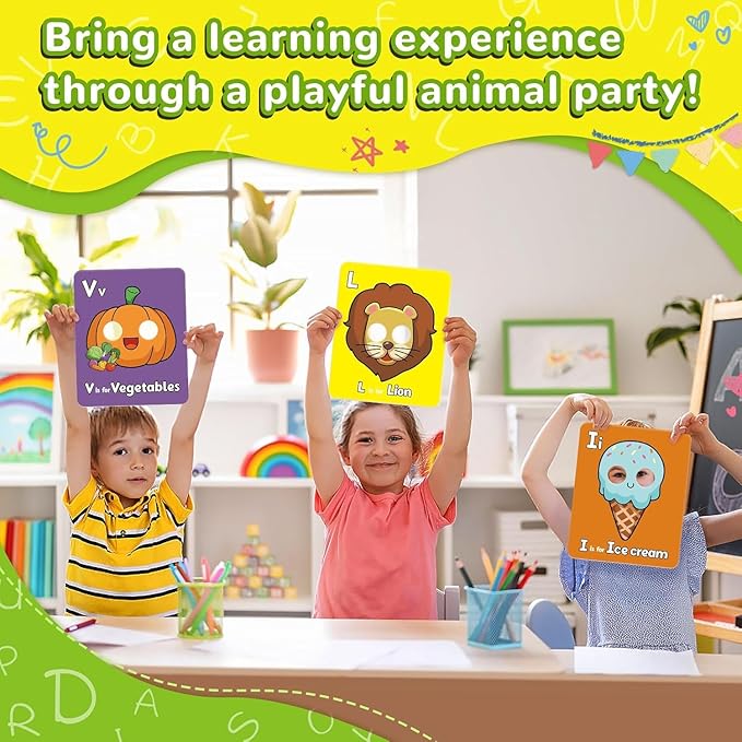 Alphabet ABC Flash Cards with Animal Masks, Animal mask Alphabet Cards, Interactive Education Games, Learn Letters, English Phrases(26 Pcs Colorful)