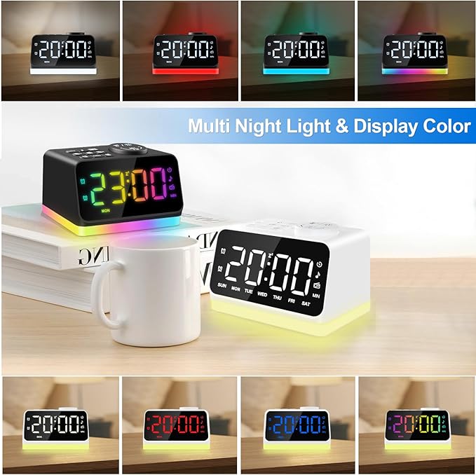 JALL Digital Alarm Clock with FM Radio for Bedroom, 8 Colors Night Light with 2 Charging Port, Sleep Sound Machines with Timer, Dual Alarm, Loud Alarm and Easy to Use for Seniors and Kids as Gift