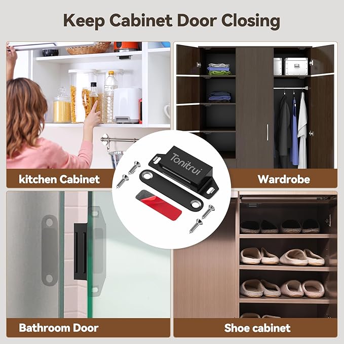 Cabinet Door Magnet, Flat Bottom Cabinet Magnetic Catch with Adhesive, Easy to Install,Only Takes 1 Minute,35lb Magnetic Cabinet Door Drawer Latch(Black, 6Pack)