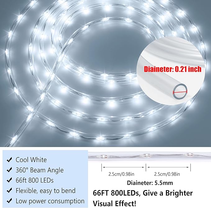 Connectable 66ft 800 LED Rope Lights Outdoor, Cool White Strip Lights Plug in, Outdoor String Lights Waterproof Decorative Lighting for Deck Patio Yard Garden Pathway Pool Camping Room Indoor Décor