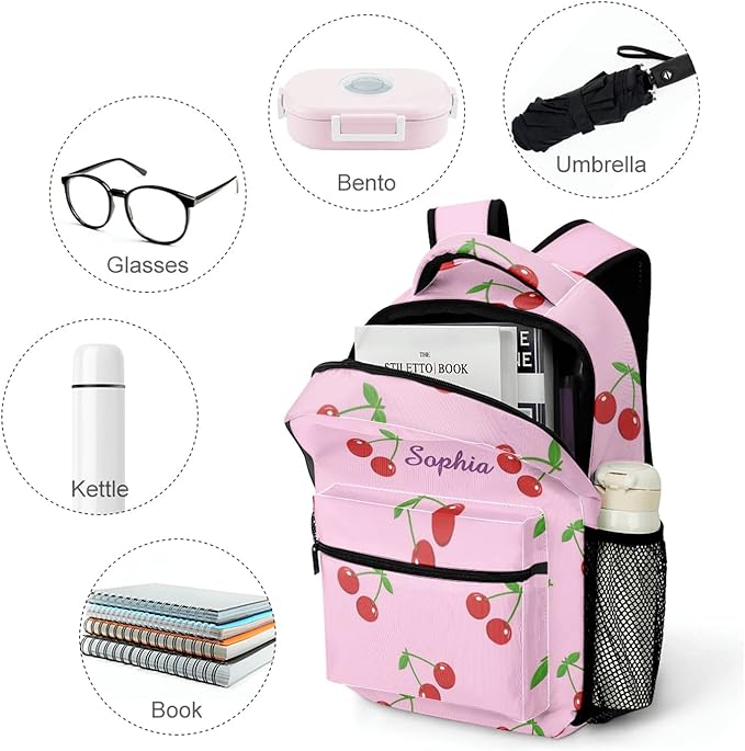 Cherry on Pink Custom Kids Backpack 16.5 Inch for Boy Girl, Personalized Waterproof Child School Travel Bag with Name